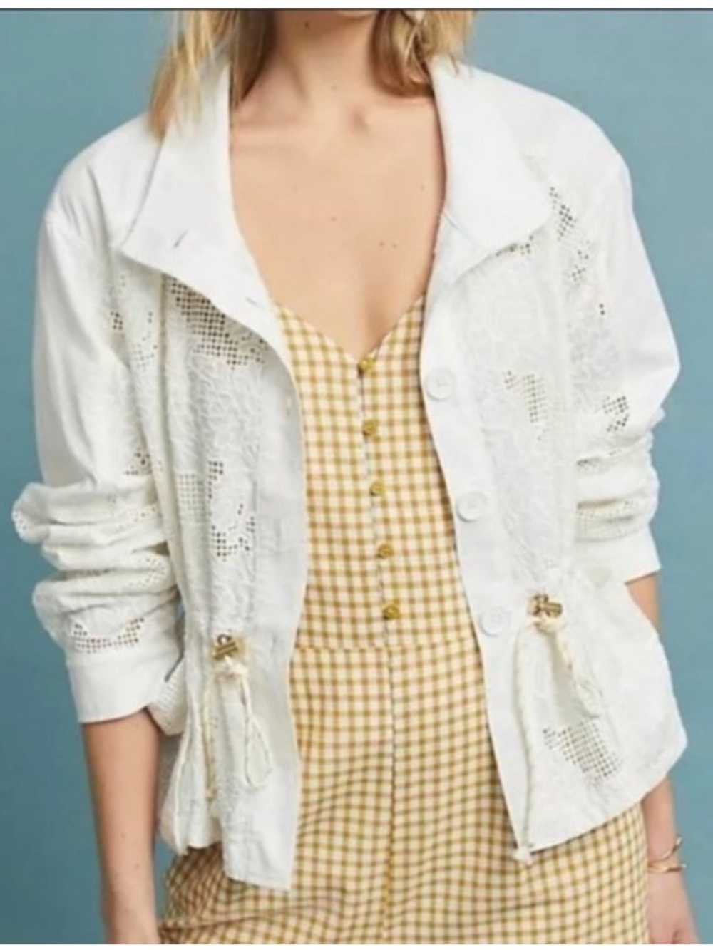 Anthropologie White Cotton Anorak Jacket Floral Eyelet Drawstring XS